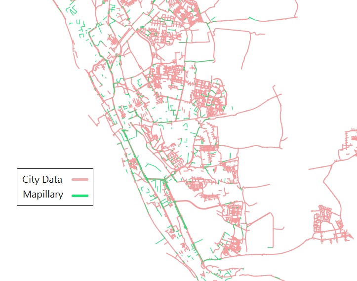 Bike lanes in Helsingborg from city data and Mapillary line features