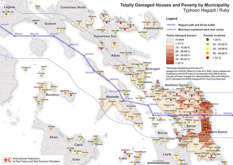 Map of totally damaged houses and poverty by municipality in the Philippines
