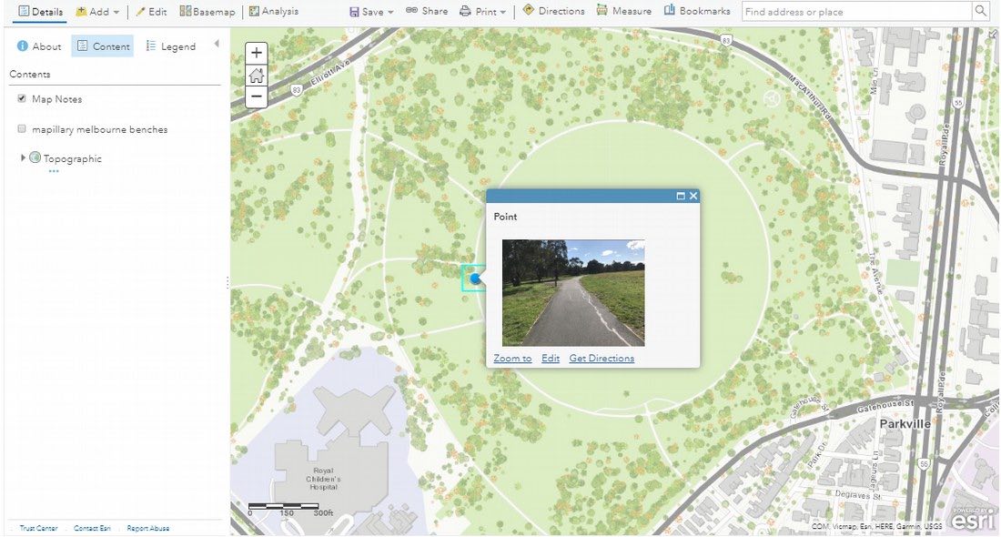Mapillary image embedded in a map note in ArcGIS Online